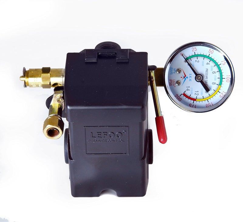 I.E.E Air Compressor Pressure Control Switch 4 Ports 95-125 PSI w/ 0-200 PSI Gauge 150 PSI pop off valve - Image 1